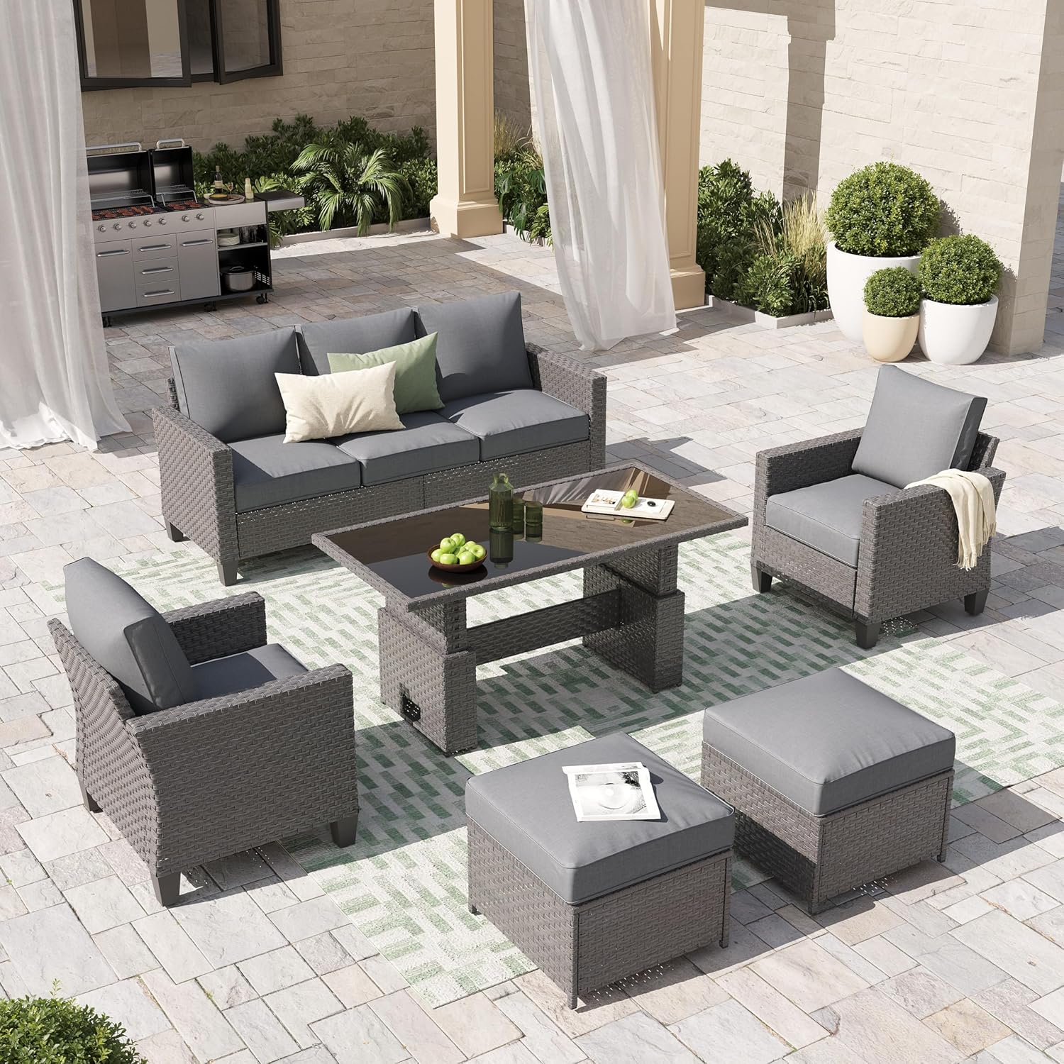 6pcs Grey PE Rattan Outdoor Se - Outdoor Furniture Grey 评论和价格
