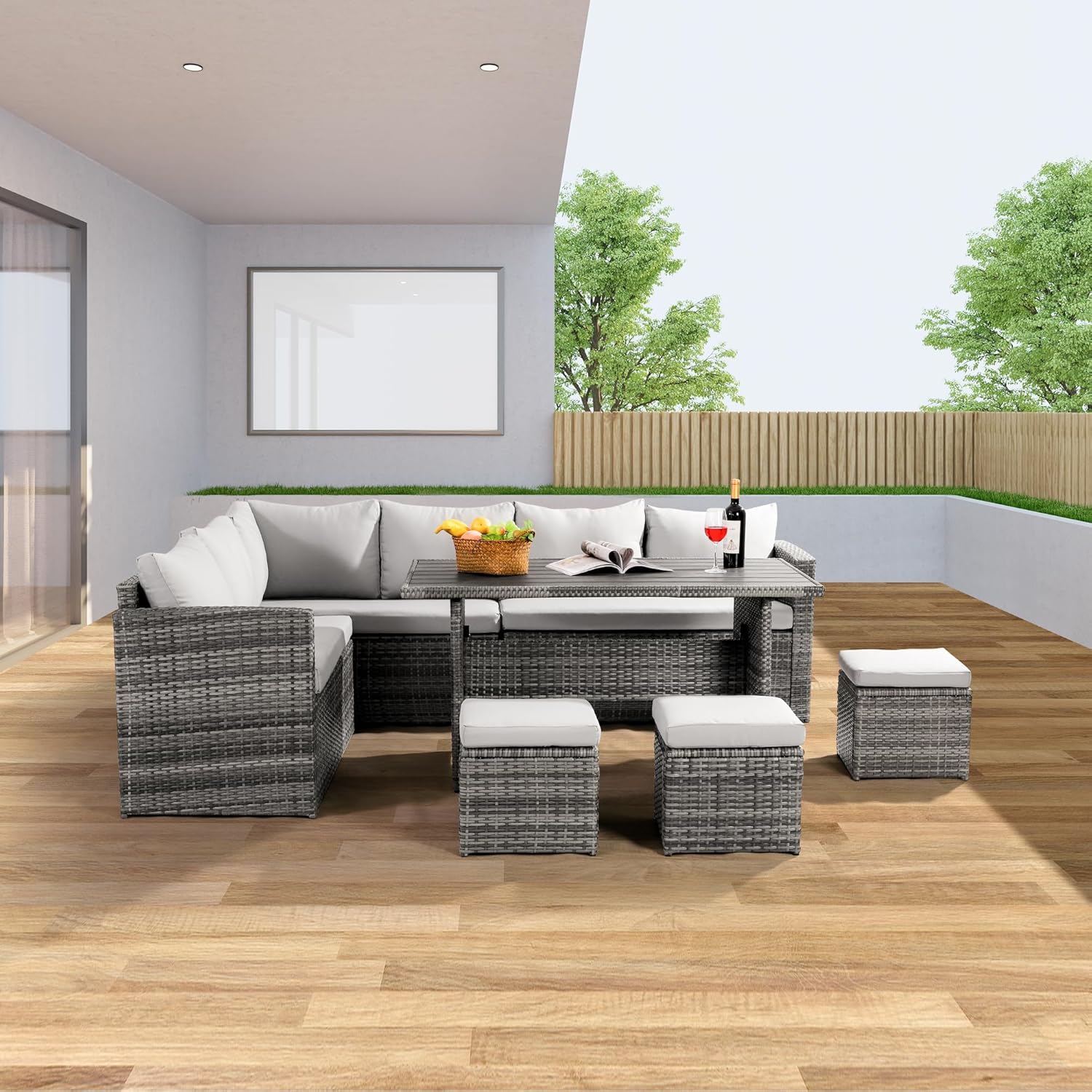 7-Piece Wicker Patio Dining Se - Outdoor Furniture Grey 评论和价格
