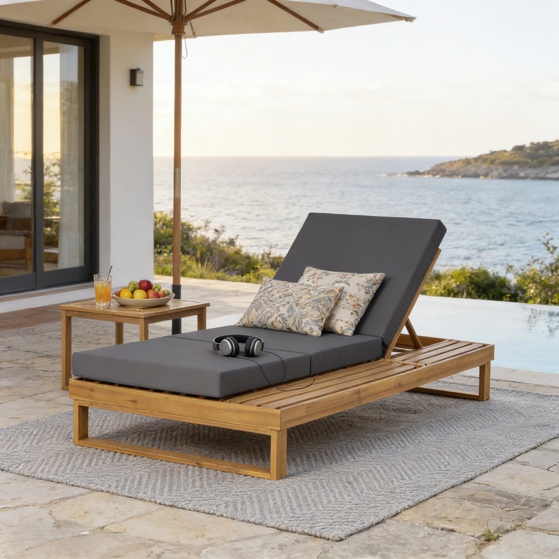 Acacia Wood Chaise Lounge with - Outdoor Furniture Grey 评论和价格