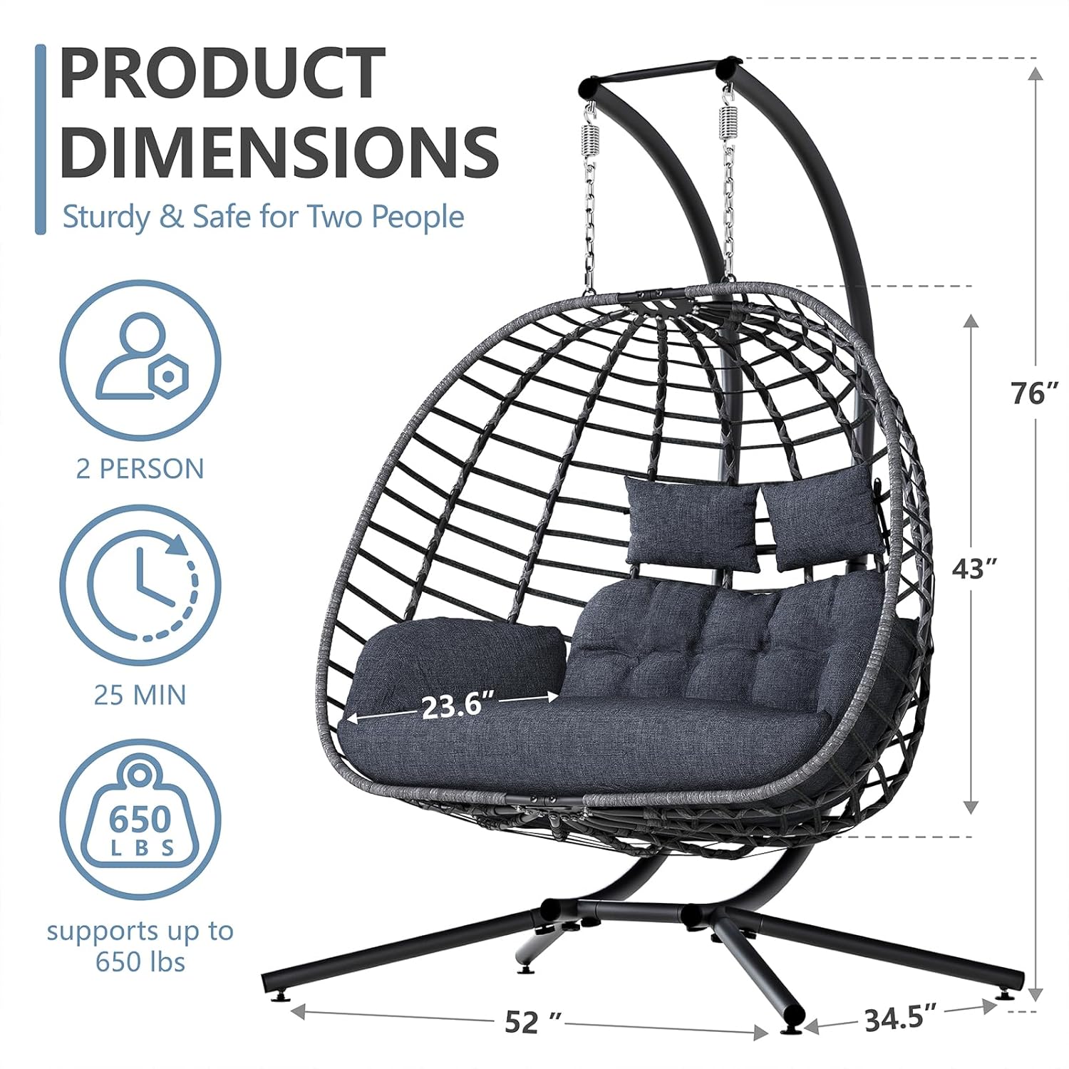 2 Person Egg Swing Chair with  - Outdoor Furniture Grey 评论和价格