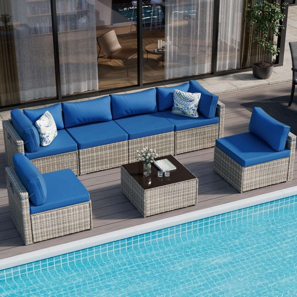 7-piece Grey Rattan Patio Furn - Outdoor Furniture Grey 评论和价格