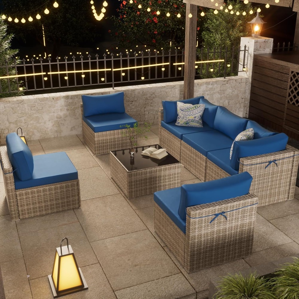 7-piece Grey Rattan Patio Furn - Outdoor Furniture Grey 评论和价格